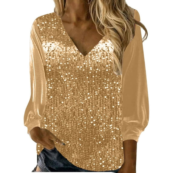 DuoJiaJ Women's New V Neck Shiny Sequin Top Elegant Sequin Long Sleeve Shirt Loose Version Of Sequin Shirt Women's Short Sleeve Shirts Gold L