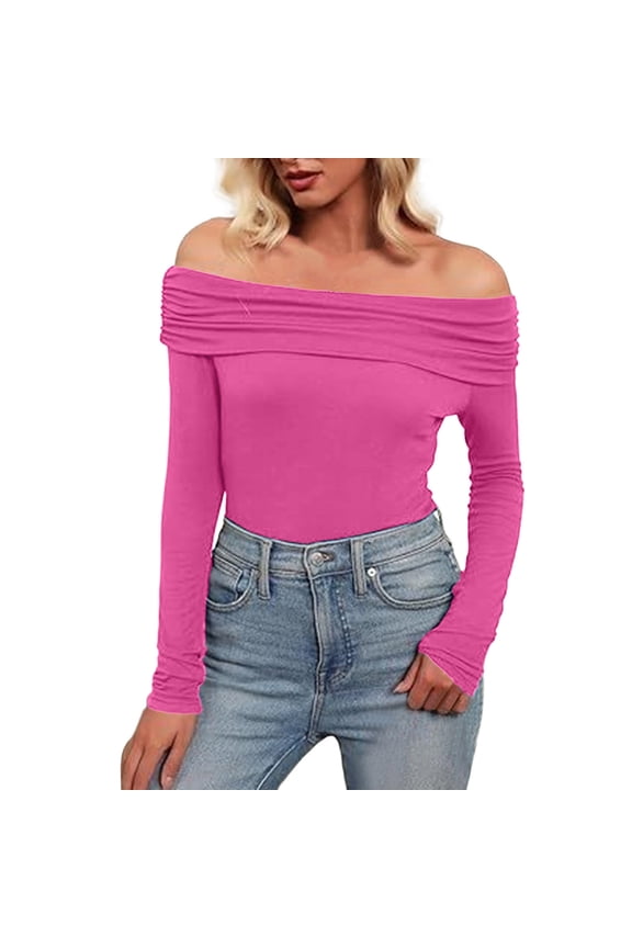 Women's Off Shoulder Tops Dressy Casual Slim Fit Long Sleeves Spring Fall Blouse Pink S