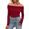 thumbnail image 1 of DuoJiaJ Women's Off Shoulder Tops Dressy Casual Slim Fit Long Sleeves Spring Fall Blouse Red L, 1 of 4