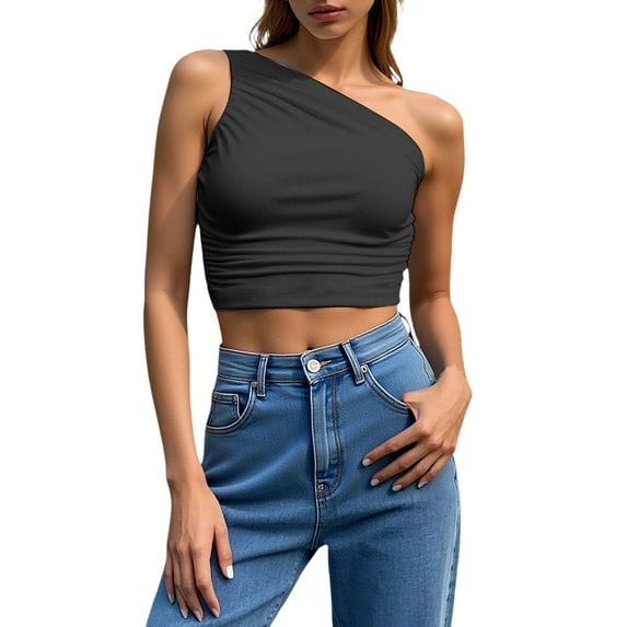 DuoJiaJ Women's One Shoulder Solid Color Slim Pleated Short Vest Padded Sports Tank Tops Women