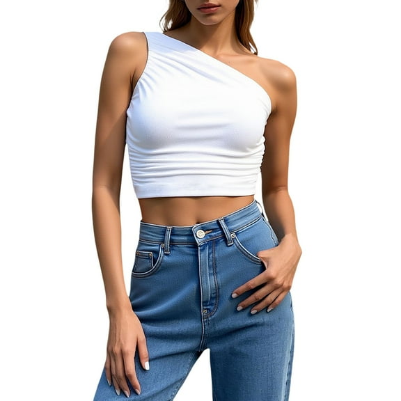 DuoJiaJ Women's One Shoulder Solid Color Slim Pleated Short Vest Padded Sports Tank Tops Women