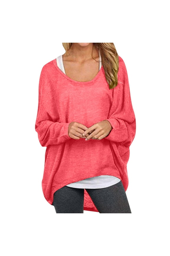 Women's Oversized Baggy Tops Loose Fitting Pullover Casual Blouse T-Shirt Sweater Batwing Sleeve Pink M