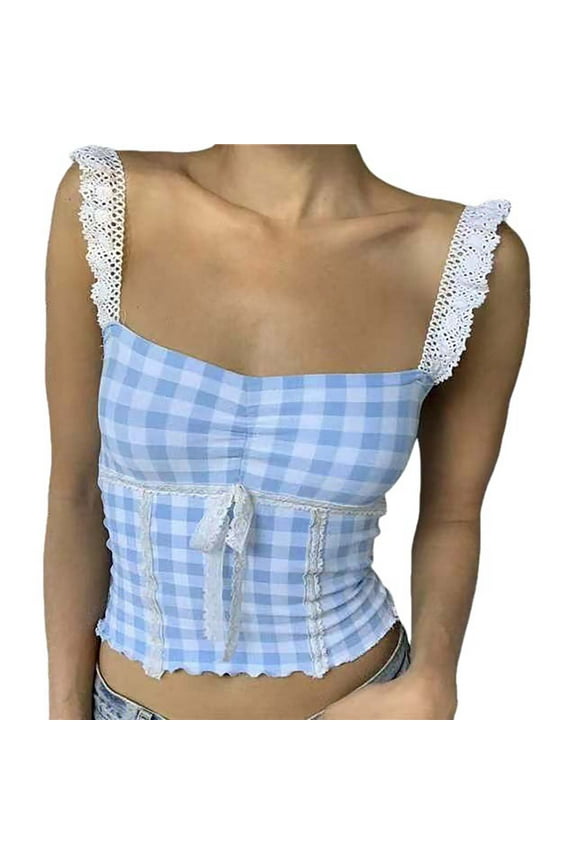 Women's Plaid Crop Top Square Neck Lace Trim Gingham Tank Top Spaghetti Strap Shirt Going Out Corset Tops Sleeveless Shirts for Women