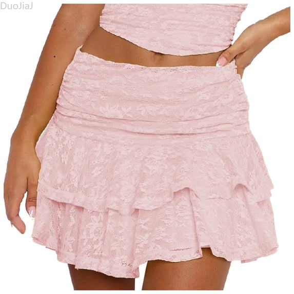 DuoJiaJ Women's Pleated Mini Skirt Lace High Waisted Ruffles Short Skirts Red M