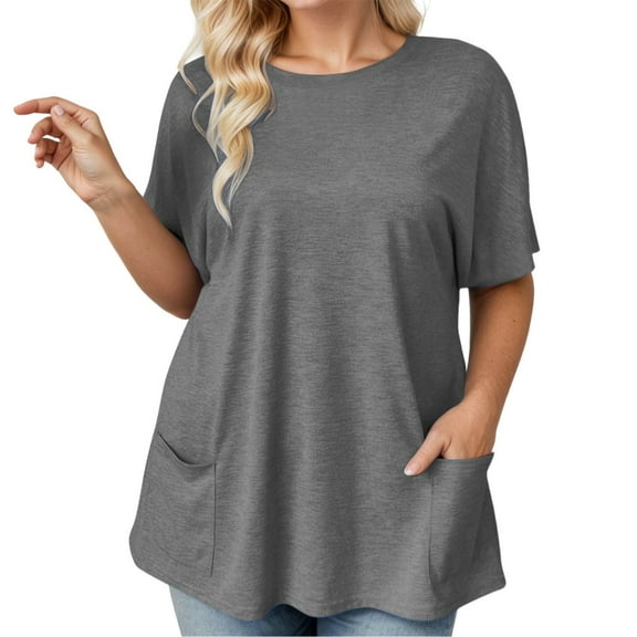 DuoJiaJ Women's Plus Size Fashionable Casual Shirt With A Round Neck Waist Solid Color Loose And Pocket Sized Top Casual V-Neck Tops Gray XXXXL