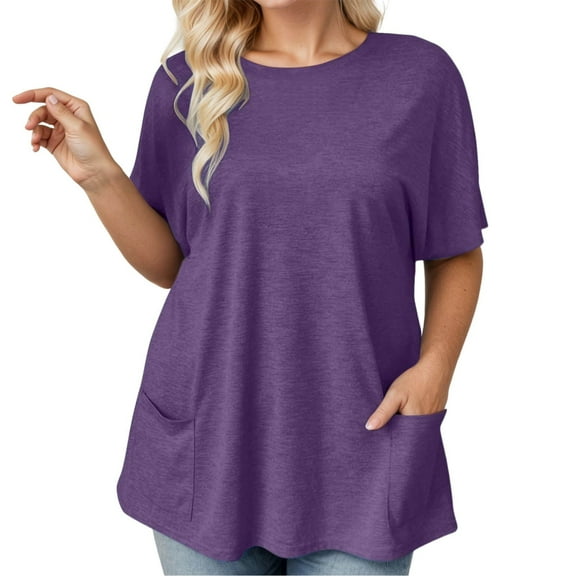 DuoJiaJ Women's Plus Size Fashionable Casual Shirt With A Round Neck Waist Solid Color Loose And Pocket Sized Top Casual V-Neck Tops Purple XXXL
