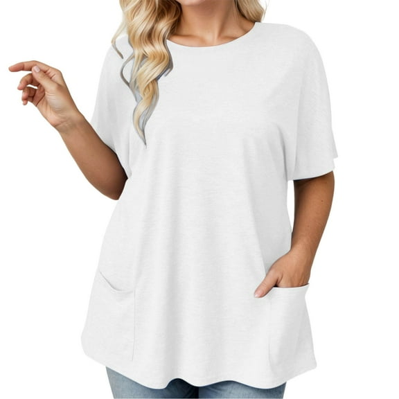 DuoJiaJ Women's Plus Size Fashionable Casual Shirt With A Round Neck Waist Solid Color Loose And Pocket Sized Top Casual V-Neck Tops White XXXXL