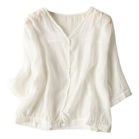 DuoJiaJ Women's Plus Size Linen Casual Loose Tunic Top Breathable & Comfortable Boho Blouse Women’s High-Neck Workout Tops White