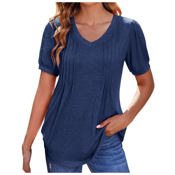 DuoJiaJ Women's Puff Short Sleeve Boho Shirts Casual V Neck Floral Solid Summer Blouse Pleated Casual Tunic Top Women's Button Down Shirts Blue XXL