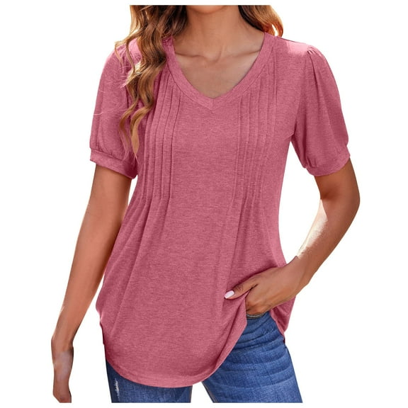 DuoJiaJ Women's Puff Short Sleeve Boho Shirts Casual V Neck Floral Solid Summer Blouse Pleated Casual Tunic Top Women's Button Down Shirts Pink XXL