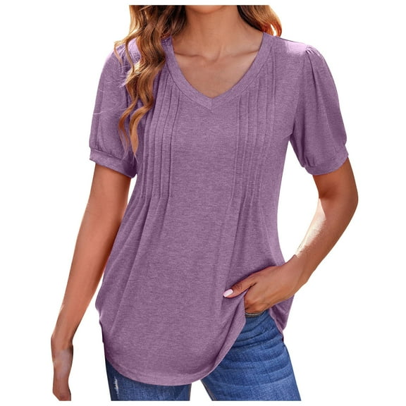 DuoJiaJ Women's Puff Short Sleeve Boho Shirts Casual V Neck Floral Solid Summer Blouse Pleated Casual Tunic Top Women's Button Down Shirts Purple L