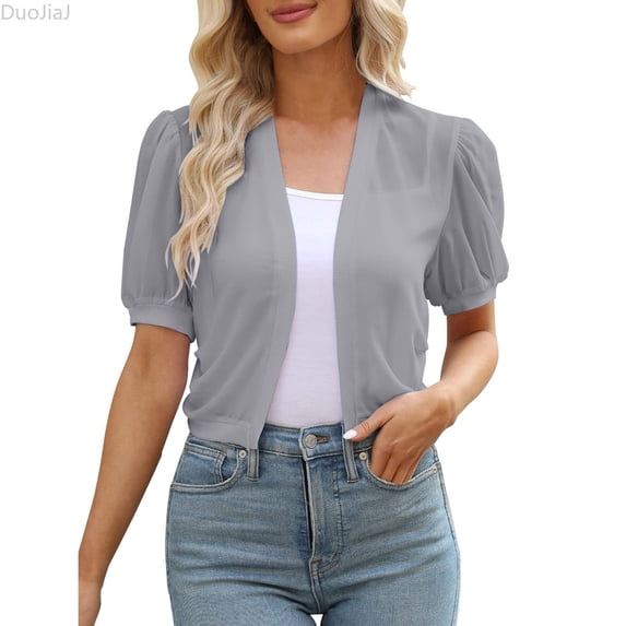 DuoJiaJ Women's Puff Sleeve Crop Cardigan,Sheer Summer Casual Open Front Top,M