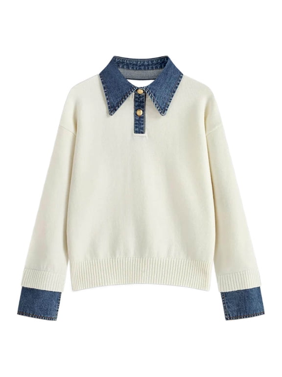 Women's Pullover Sweater Casual Loose Knit Top Collar Denim Elegant Versatile Shirt Style Comfortable Soft Yarn Womens Blouses Long Sleeve White One Size