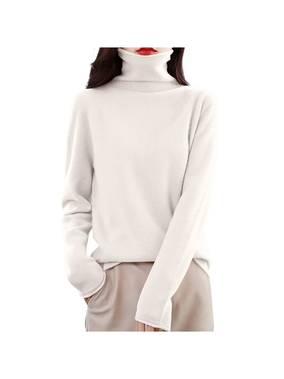 Women's Pullover Sweater Winter Warm Knit Turtleneck Top Soft Wool Blend Long Sleeve Slim Fit Casual Sweater For Ladies Fall Plus Size Tops White L