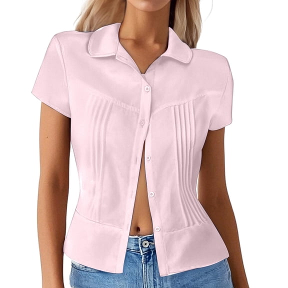 DuoJiaJ Women's Pure Color Casual Collar Button Up Short Sleeve Shirt Women's Work Shirts Pink L