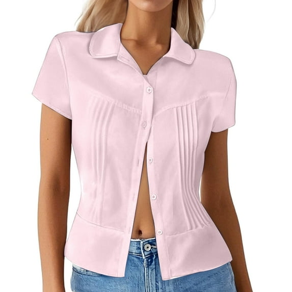 DuoJiaJ Women's Pure Color Casual Collar Button Up Short Sleeve Shirt Women's Work Shirts Pink S