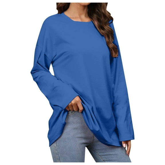 DuoJiaJ Women's Pure Color Round Neck Long Sleeved Casual Top Women’s Boho Flowy Summer Tops Blue