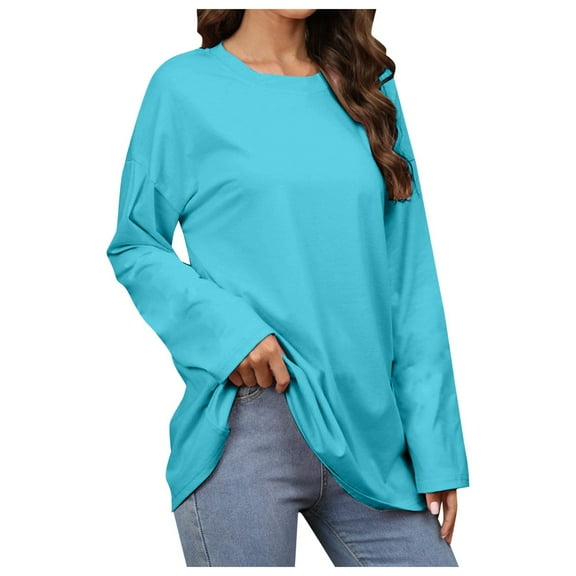 DuoJiaJ Women's Pure Color Round Neck Long Sleeved Casual Top Women’s Boho Flowy Summer Tops Blue