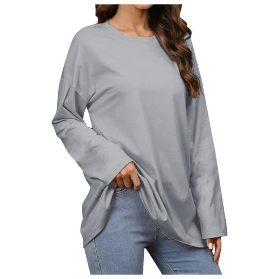 DuoJiaJ Women's Pure Color Round Neck Long Sleeved Casual Top Women’s Boho Flowy Summer Tops Gray