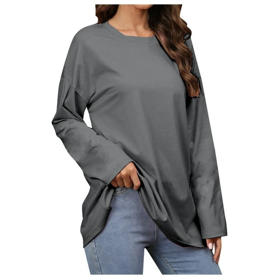 DuoJiaJ Women's Pure Color Round Neck Long Sleeved Casual Top Women’s Boho Flowy Summer Tops Gray