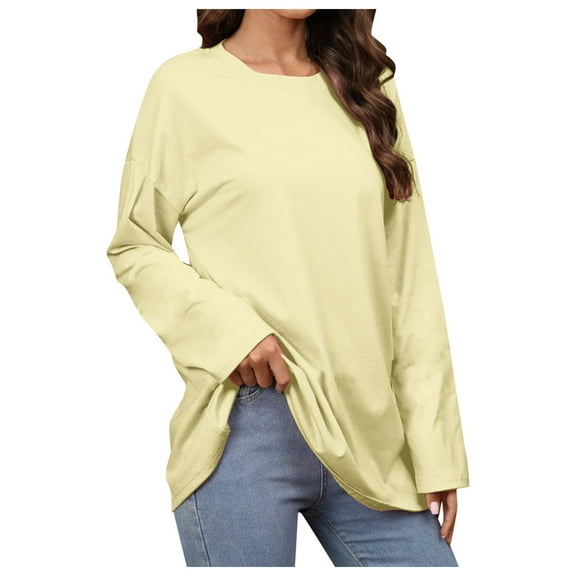 DuoJiaJ Women's Pure Color Round Neck Long Sleeved Casual Top Women’s Boho Flowy Summer Tops Yellow