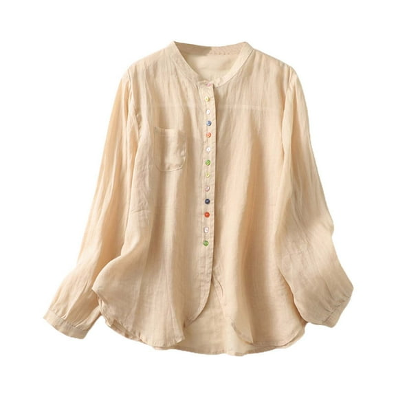 DuoJiaJ Women's Retro Linen Shirt Plus Size Solid Color Buttons Stand Asymmetrical Top Women’s V-Neck Tops Beige