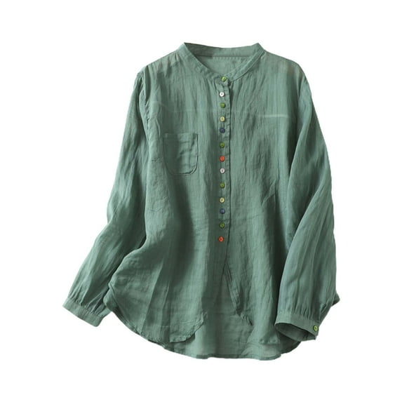 DuoJiaJ Women's Retro Linen Shirt Plus Size Solid Color Buttons Stand Asymmetrical Top Women’s V-Neck Tops Green