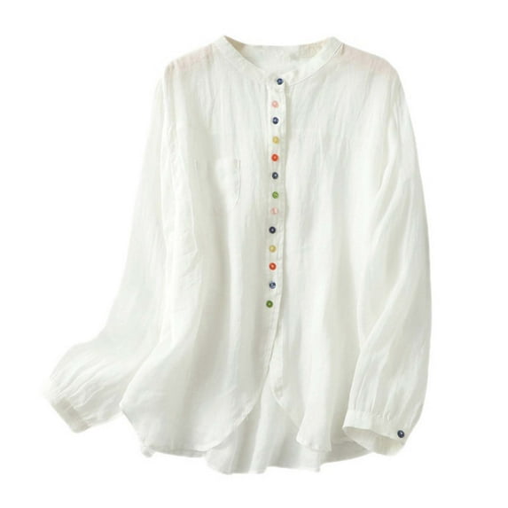 DuoJiaJ Women's Retro Linen Shirt Plus Size Solid Color Buttons Stand Asymmetrical Top Women’s V-Neck Tops White