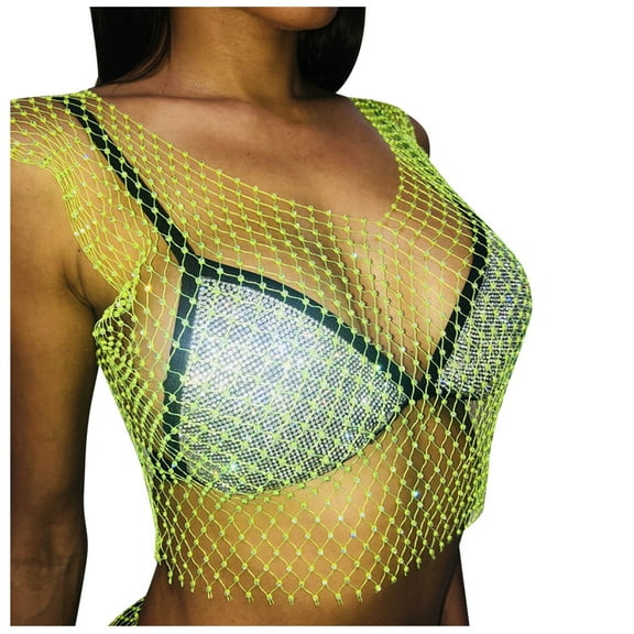 DuoJiaJ Women's Rhinestone Mesh Tank Tops See Through Diamond Crop Top Plus Size Women’s Cotton Tank Tops