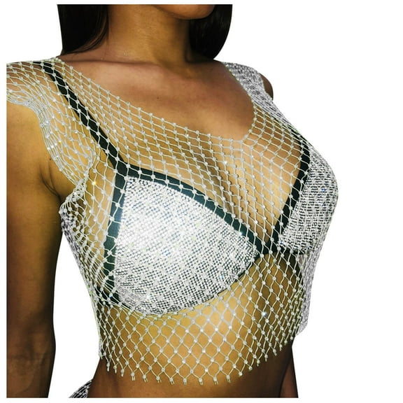 DuoJiaJ Women's Rhinestone Mesh Tank Tops See Through Diamond Crop Top Plus Size Women’s Cotton Tank Tops