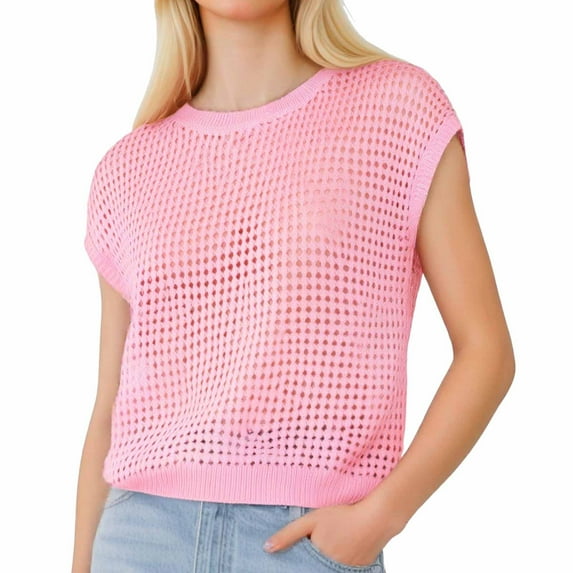 DuoJiaJ Women's Round Neck Hollow Sunscreen Knitted Sweater Blouse Plus Size Women’s Tops Pink L