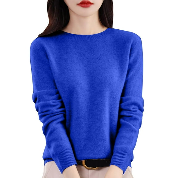 DuoJiaJ Women's Round neck Sweaters Cable Knit Long Sleeve Casual Slim Fit Pullover Fall Tops Blue L