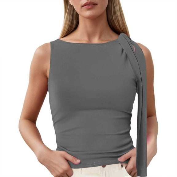 DuoJiaJ Women's Ruched Off One Shoulder Tops Asymmetrical Tie Shoulder Tank Top Sleeveless Shirts for Women