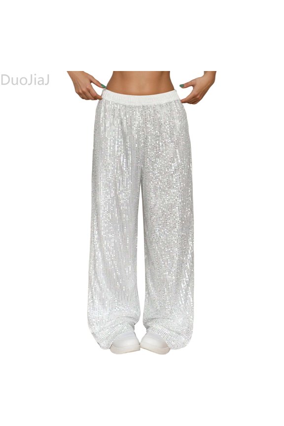 Women's Sequin Sparkle Pants Elastic Waist Wide Leg Party Club Trousers Silver M