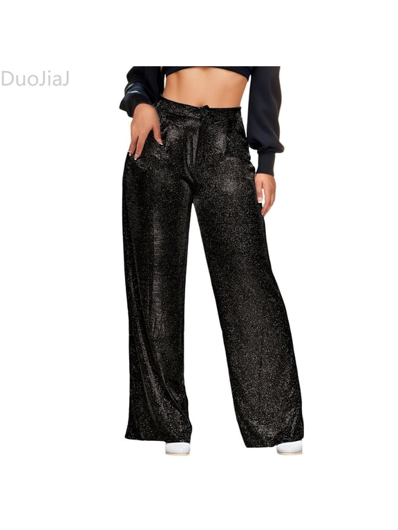 Women's Sequin Sparkle Pants High Waist Wide Leg Party Club Trousers Black L