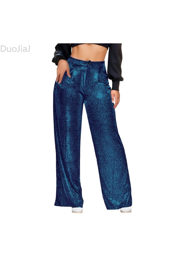 Women's Sequin Sparkle Pants High Waist Wide Leg Party Club Trousers Blue S