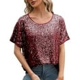 thumbnail image 1 of DuoJiaJ Women's Sequin Tops Sparkly Glitter Blouses Sequined Short Sleeve Shirts For Holiday Club Night Women’s Linen Button-Down Shirts for Summer Red M, 1 of 4