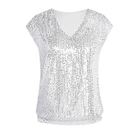 DuoJiaJ Women's Sequin V Neck Tank Top Glittering Party Wear With Style Women’s Blouses White