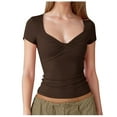 thumbnail image 1 of DuoJiaJ Women's Sexy Front V Neck T Shirts Double Lined Short Sleeve Slim Fit Crop Top TrendyTops Tee Plus Size Off-Shoulder Party Tops Brown M, 1 of 5