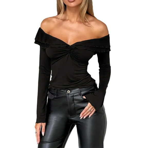 DuoJiaJ Women's Sexy Off The Shoulder Solid Color Slim Long Sleeve T Shirt Women’s Athletic Racerback Tank Tops Black