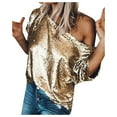 thumbnail image 1 of DuoJiaJ Women's Sexy Sequin V Neck Tank Top Solid Color Slouchy T Shirt With Charm Women’s Striped Crewneck Relaxed Fit Tops Gold, 1 of 5
