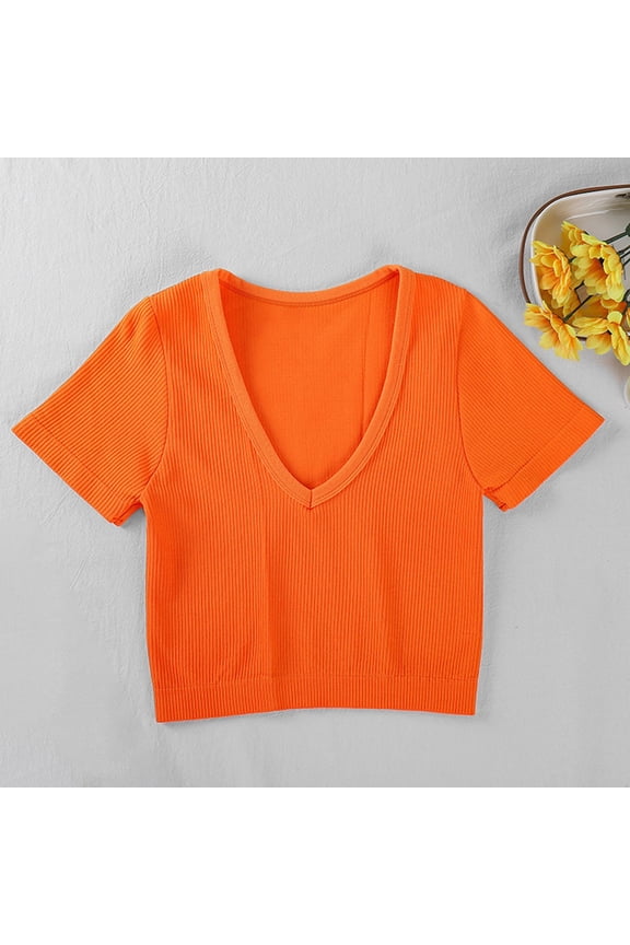 Women's Short Length Fitted V Neck Ribbed High Elasticity Bustier Short Sleeve Top Women's Linen Shirts Red L