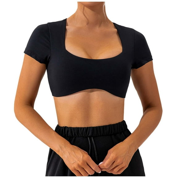 DuoJiaJ Women's Short Sleeve Crop Top Yoga T Shirt | Bare Feel Solid Color For Running & Fitness Women’s Casual Tops Black