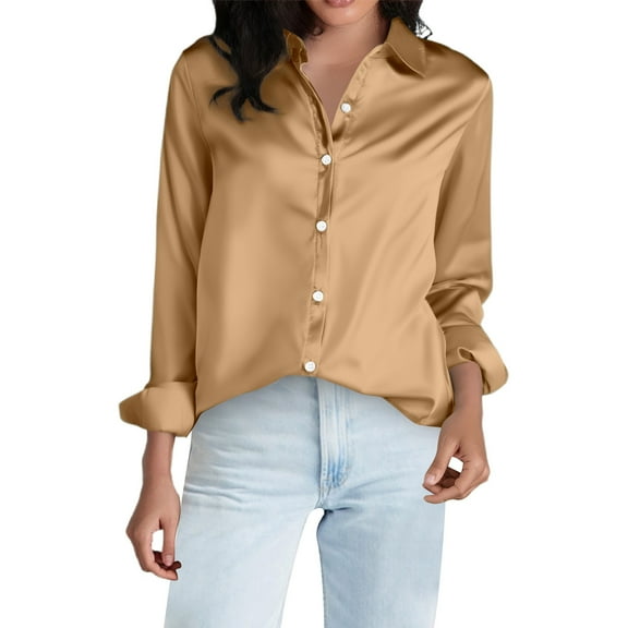 DuoJiaJ Women's Silk Button Up Long Sleeve Formal Shirt Women's Short Sleeve Shirts Beige L