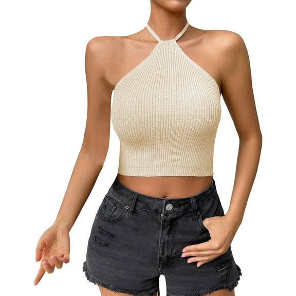 DuoJiaJ Women's Simple Hanging Neck Crop Uspender Knitted Top Vest Cotton Tank Tops for Women