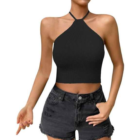 DuoJiaJ Women's Simple Hanging Neck Crop Uspender Knitted Top Vest Cotton Tank Tops for Women