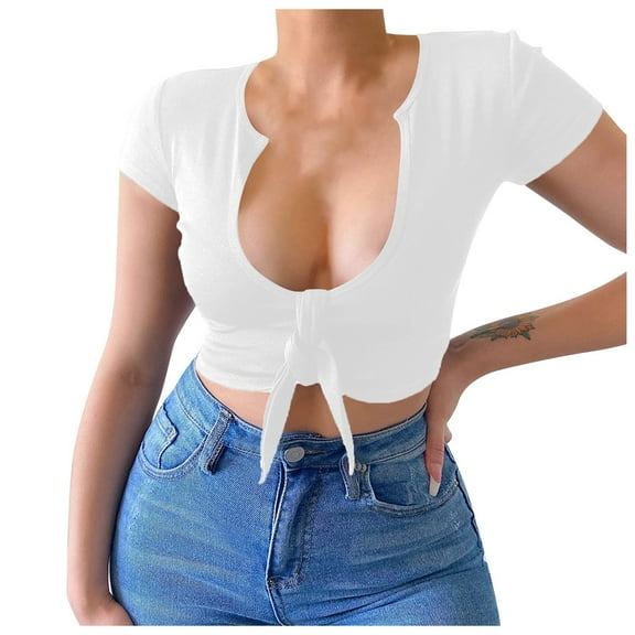 DuoJiaJ Women's Simple V Neck Tie With Waist Waist Street Sexy Short Sleeved T Shirt Top Women’s Striped Crewneck Relaxed Fit Tops White