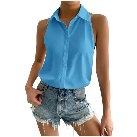 DuoJiaJ Women's Sleeveless Button Down Shirts Hidden-Button Front Collared Dressy Casual Blouses Loose Office Tank Tops Blue S