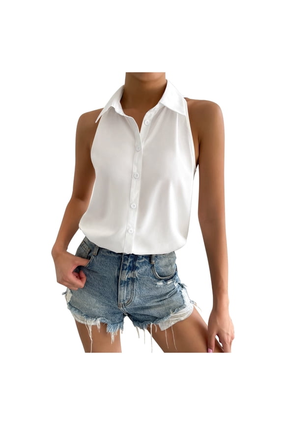 Women's Sleeveless Button Down Shirts Hidden-Button Front Collared Dressy Casual Blouses Loose Office Tank Tops White L
