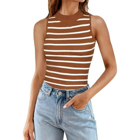 DuoJiaJ Women's Sleeveless Ribbed High Neck Slim Fit Striped Tank Top Women’s Athletic Tank Tops
